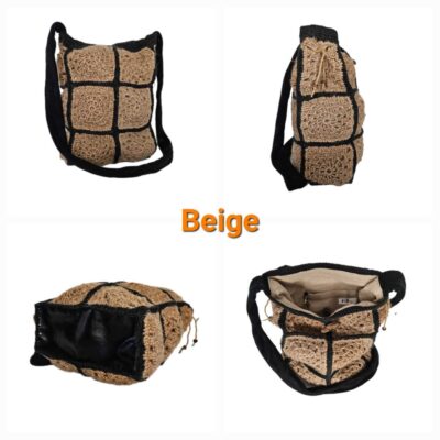 Sac à main seau rectangle à bandoulière vues 4 faces coloris beige noir modèle Louise -fifiecreation.com