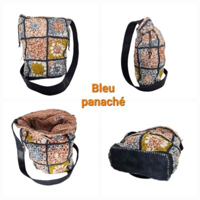 Sac à main seau rectangle à bandoulière vues 4 faces coloris bleu panaché modèle Louise -fifiecreation.com